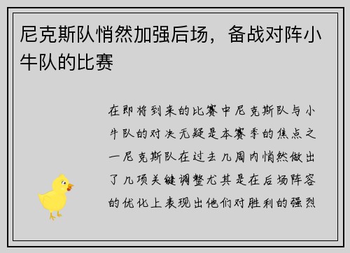 尼克斯队悄然加强后场，备战对阵小牛队的比赛