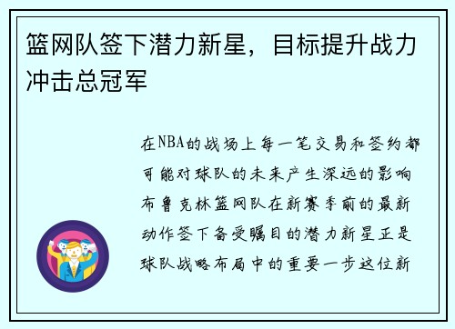篮网队签下潜力新星，目标提升战力冲击总冠军